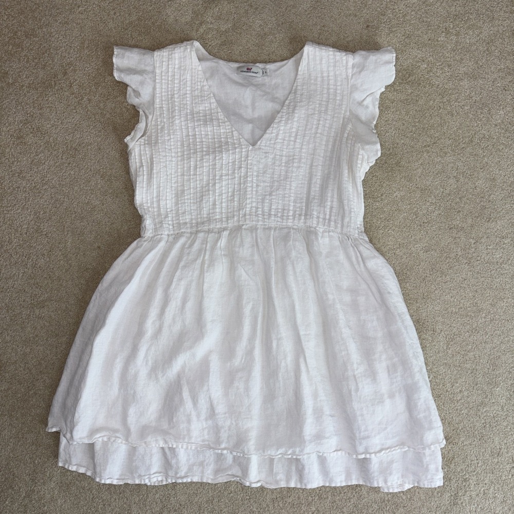 Vineyard Vines Linen Dress XL White Pintuck Flutter Sleeve Resort Graduation